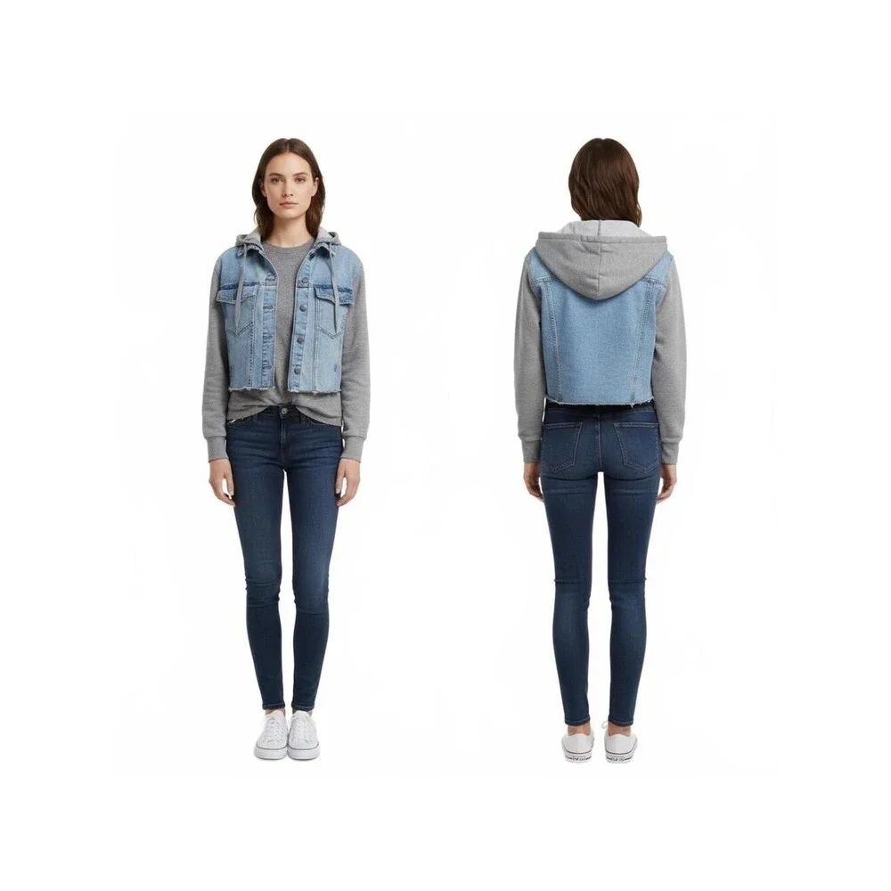 Treasure & Bond Denim Jacket Hoodie Raw Hem Jean Jacket Casual Blue